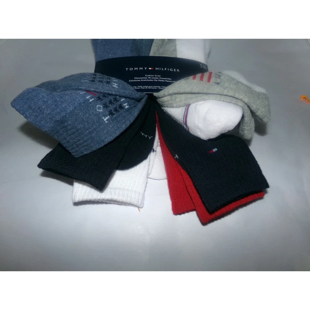Tommy Hilfiger Mens Cushion Crew Socks 5 Pair Pack Multi Color Logo One Size